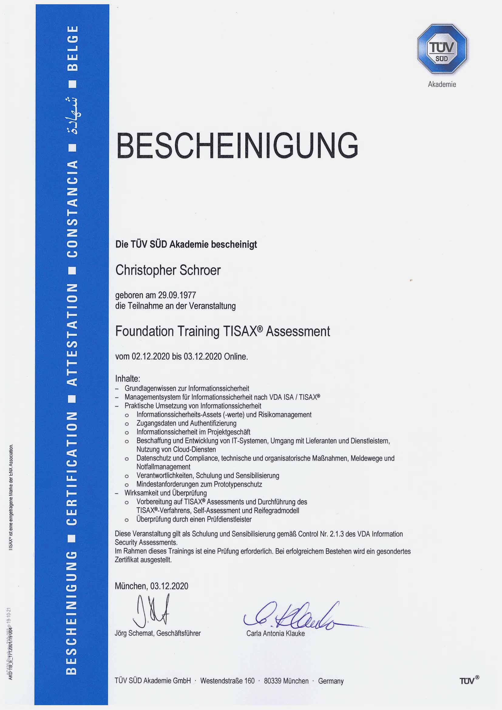 TB TISAX Foundation Training Christopher Schroer 1
