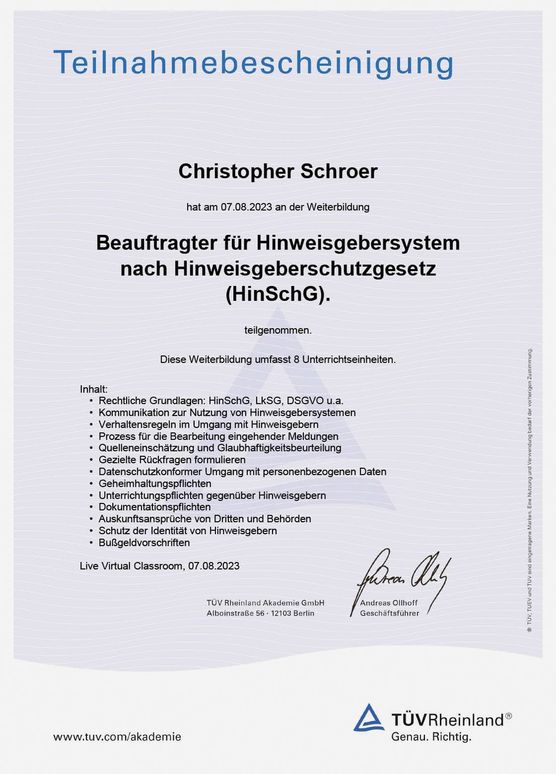 Christopher Schroer, Berauftrager für Hinweisgeberschutzsysteme nach Hinweisgeberschutzgesetz (HinSchG)